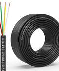 Eighteen Gauge Four Conductor Solid Sprinkler System Wire 50Ft With PVC Jacket displayed in black coil with exposed copper ends