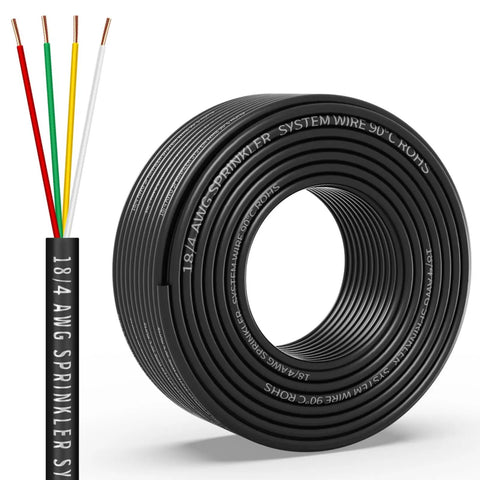 Eighteen Gauge Four Conductor Solid Sprinkler System Wire 50Ft With PVC Jacket displayed in black coil with exposed copper ends