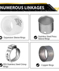 Front view: Four PEX pipe rings: white expansion sleeve, stainless steel press sleeve, PEX crimp ring, copper ring.