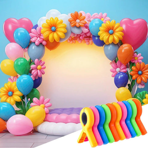 Get A Huge 10 Pack Of Colorful Balloon Arch Clips With Vibrant Rainbow Spring Clamps For Party Decoration Backdrops And Photo Studios That Make Your Events Pop. 10-pack ABS plastic clips, 9.5cm, shown with balloon arch