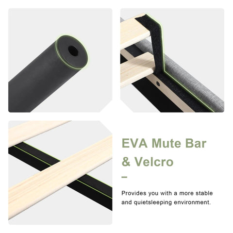 EVA mute bar and velcro detail for Super Solid Queen Bed Frame With Upholstered Wingback Headboard And Heavy Duty Wooden Slats Support, Noise Free Platform Bed With No Sweat Setup And Darn Good Build Quality, Light Gray.