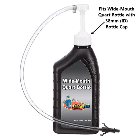 Slippery Pete fluid pump for wide-mouth quart bottle; white top, clear tubing, 38mm bottle cap on black bottle.