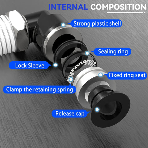 Exploded view of Six Pack 3/8 Inch OD to 3/8 Inch NPT Male Elbow Push to Connect Fittings for Pneumatic Air Lines and Vacuum Systems.