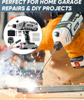 Portable Handheld Welder Gun With 5 Level Current in action, showing sparks during metal fabrication project, DIY home garage use.