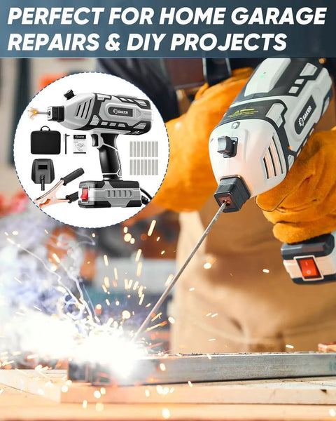 Portable Handheld Welder Gun With 5 Level Current in action, showing sparks during metal fabrication project, DIY home garage use.