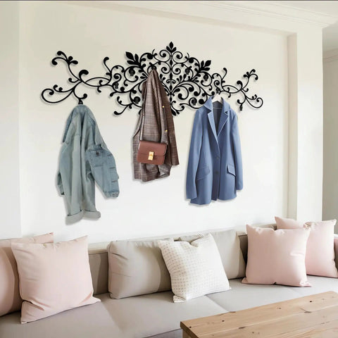 Upgrade Your Space With This Super Sturdy Scroll Metal Coat Rack And Grab A Quick Jacket On This Dang Good Looking Wall Mounted Hat Rack. Elegant black scroll coat rack holding light jackets and a handbag.