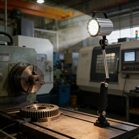 Heavy Duty 18W Led Work Light With Adjustable Multi Joint Arm Machine Lamp for Lathe Cnc Milling Drill Press on workbench.