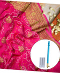 Pink and gold fabric with Beginner Friendly Embroidery Hook Needle Set With Non Slip Metal Handle Punch Needle Kit, 4 Piece Knitting Tools