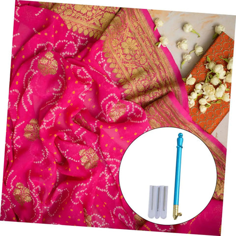 Pink and gold fabric with Beginner Friendly Embroidery Hook Needle Set With Non Slip Metal Handle Punch Needle Kit, 4 Piece Knitting Tools