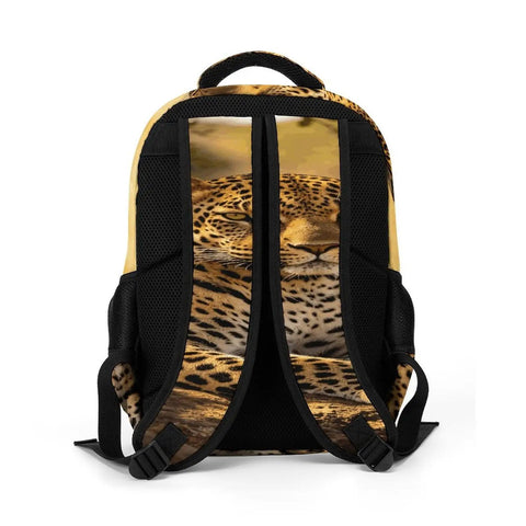 Back view of Dope Golden Hour Leopard Print Unisex Backpack With Ample Capacity, showcasing straps and leopard design.