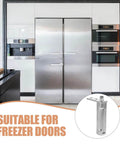 Automatic Stainless Steel Freezer Door Closer Pivot Hinge Replacement, Adjustable 4.33 X 2.76 Inches in a modern kitchen setting.