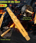 Close-up of Easy Out Screw Extractor Set And Left Hand Drill Bit Kit for Stripped Screws with CRMO Steel and titanium gold finish
