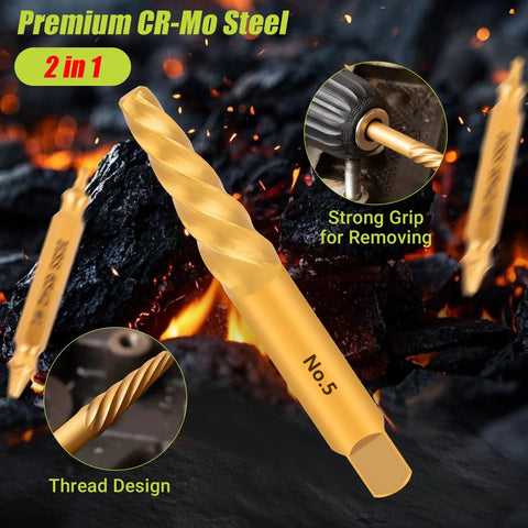 Close-up of Easy Out Screw Extractor Set And Left Hand Drill Bit Kit for Stripped Screws with CRMO Steel and titanium gold finish