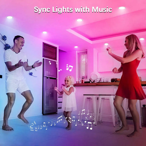 Family dancing under Six Inch 15W RGBCW Bluetooth Recessed Downlight Kit, Dimmable Smart LED Ceiling Lights, music sync feature