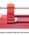 Close-up of the Built Like A Tank Dual Track Saw Parallel Guide System showing measurements in inches and centimeters.