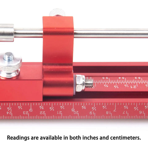 Close-up of the Built Like A Tank Dual Track Saw Parallel Guide System showing measurements in inches and centimeters.