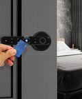 No Sweat 4 In 1 Smart Door Lock With Rapid Fingerprint Scanner Keypad Pin Ic Card Swipe And Mechanical Key Backup Solid Matte Black Lever For House Or Apartment Set Up, user swiping card.