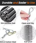 6 Pcs M4 X 90 Heavy Duty 304 Stainless Steel Cotter Pins And R Clips images showing material, rust-proof feature, and strong tension use