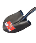Close-up of Heavy Duty 14 Gauge Round Point Shovel With Fiberglass D Grip Handle Open Back blade, showcasing durable construction.