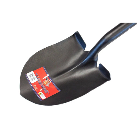 Close-up of Heavy Duty 14 Gauge Round Point Shovel With Fiberglass D Grip Handle Open Back blade, showcasing durable construction.