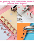Two Pack Handheld Hole Punch Set With 1/8 Inch And 1/4 Inch Holes Includes 10 Binder Rings Heavy Duty Metal Punches For Crafts Tags Tickets And Paper Projects on colored paper