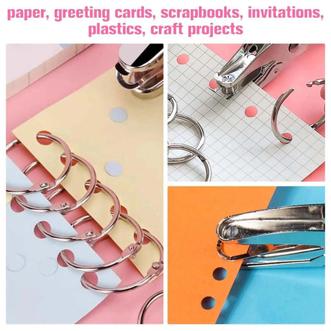 Two Pack Handheld Hole Punch Set With 1/8 Inch And 1/4 Inch Holes Includes 10 Binder Rings Heavy Duty Metal Punches For Crafts Tags Tickets And Paper Projects on colored paper