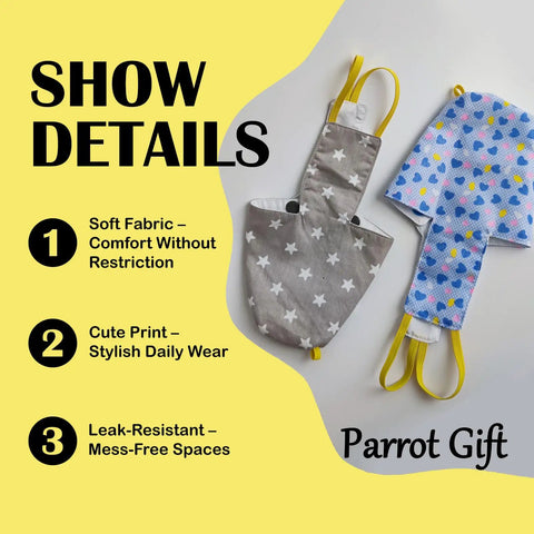 Soft Cotton Bird Harness Vest With Snap Fasteners And 2M Leash for small parrots, shown with star and heart patterns.