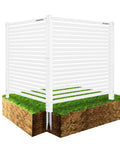 Outdoor Privacy Fence Panels 36 By 45 Inches White Vinyl 2 Pack No Fuss Install Privacy Screen For AC Units Trash Cans Pool Equipment And Garden Gear Noise Reducing Keeps Yard Clean, shown installed on a grassy patch.