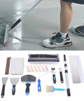 Kickass Drywall Finishing Kit With No Sweat Paint Roller, Stainless Steel Scraper And J Trowel, Flexible Putty Brush, Heavy Duty Mud Pan Plus Telescoping Extension Pole For Smooth Interior Walls, featuring various pro tools laid out.
