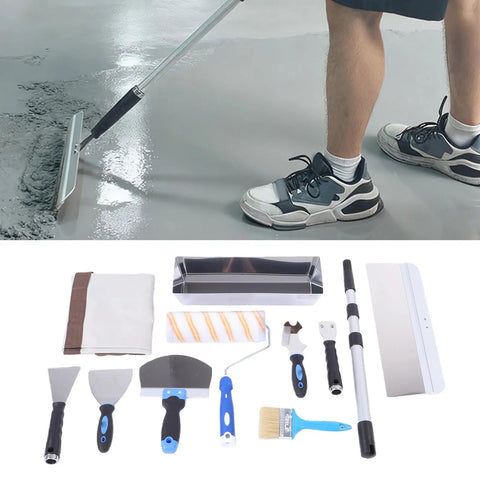 Kickass Drywall Finishing Kit With No Sweat Paint Roller, Stainless Steel Scraper And J Trowel, Flexible Putty Brush, Heavy Duty Mud Pan Plus Telescoping Extension Pole For Smooth Interior Walls, featuring various pro tools laid out.