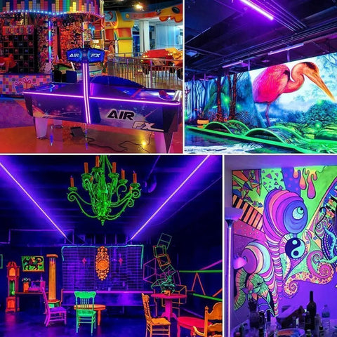 Indoor scenes with 40Ft Black Light Strip With Remote, 720 LED Beads, 12V Flexible Glow Party Lighting for fluorescent effects