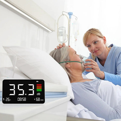 3 In 1 Decibel Meter With Temperature And Humidity, Rechargeable dB Meter With LCD Screen For Real Time Noise Levels, Humidity And Temp Readouts, Ideal For Home, Studio, Or Office Noise Control on bedside table