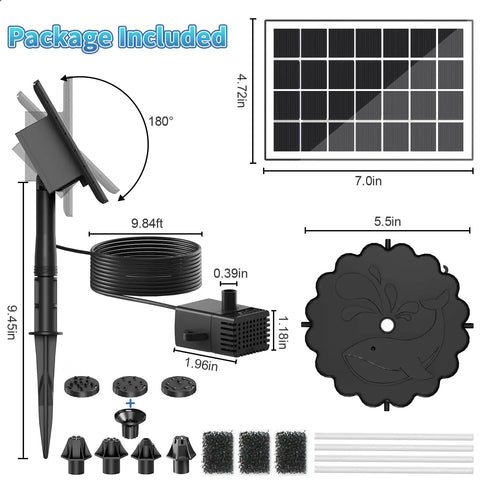 Package contents of 3.5W Solar Fountain Pump Kit With All Glass Panel Stake And 4 Anti Drift Rods 9 8Ft Cable 8 Nozzles