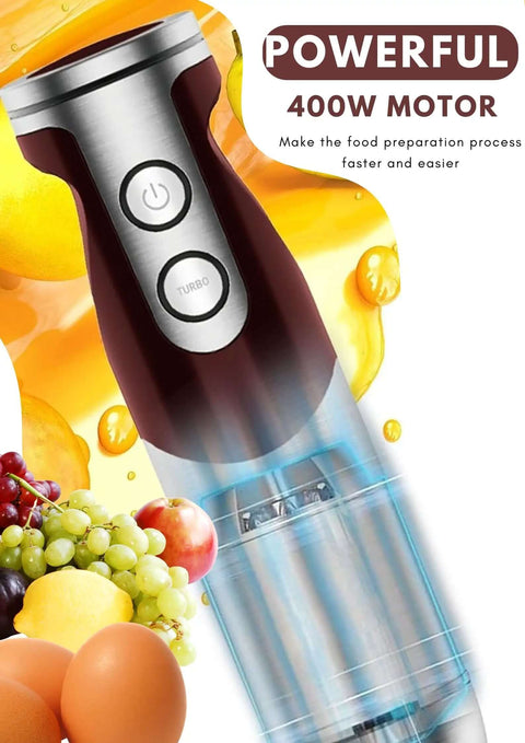 Powerful 12 Speed Immersion Blender With Durable Stainless Steel Blades For Smooth Soups And Thick Shakes, featuring a 400W motor.