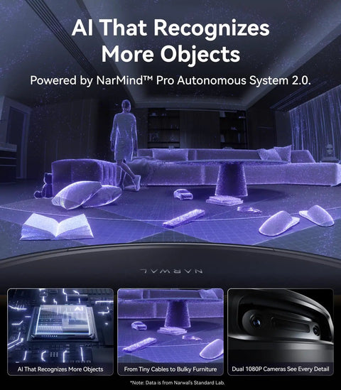 Image showcasing AI object recognition in robotic vacuum technology, emphasizing the NarMind Pro Autonomous System 2.0.