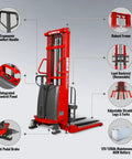 MechMaxx 3300 Lb Semi Electric Straddle Stacker With 118 Inch Lift Height showcasing ergonomic handle, control panel, and adjustable forks.