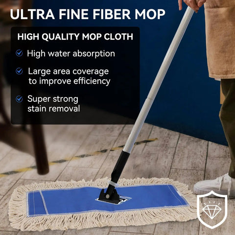Top Notch 36 Inch Microfiber Dust Mop Head Replacement For Heavy Duty Commercial Floor Cleaning And Janitorial Supplies Blue Three Pack Refills on mop in use.