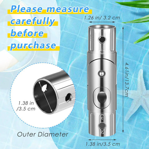 2 Pack Patio Umbrella Pole Replacement Parts for 1.5 Inch Diameter Poles Wear Resistant Push Button Tilt Adjustment Metal Parasol Mounting Bracket Accessories for Yard Deck Balcony Garden showing dimensions next to pool.