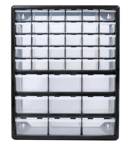 Front view of Ultimate Screw Organizer And Hardware Storage Cabinet With 39 Drawers Wall Mount Or Cabinet Drawer Organizer.