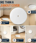 Dead Simple Install Solid 7 Inch Cleanout Cover Plate Bright White Powder Coated Steel Round Access Hole Cover hides plumbing drains.