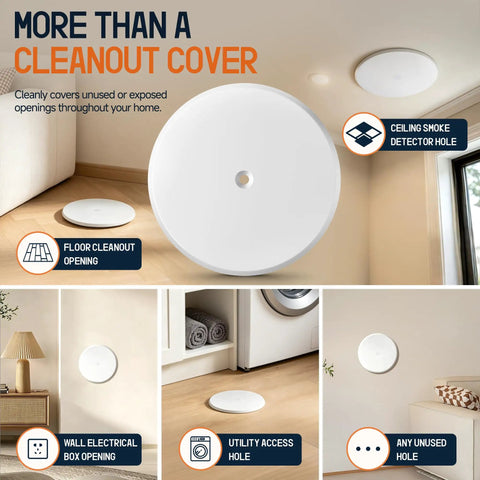 Dead Simple Install Solid 7 Inch Cleanout Cover Plate Bright White Powder Coated Steel Round Access Hole Cover hides plumbing drains.