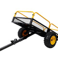 Tow Behind Dump Cart With 1000 Lb Load Capacity And Built-Tough Solid Steel Bed, yellow and black, showing raised dumping position
