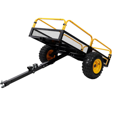 Tow Behind Dump Cart With 1000 Lb Load Capacity And Built-Tough Solid Steel Bed, yellow and black, showing raised dumping position
