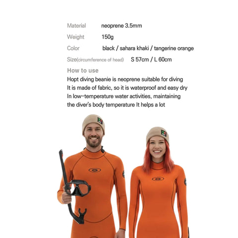Two divers in orange suits wearing Thermal Neoprene Hood Cap For Freediving And Sea Swimming With Adjustable Chin Strap Beanie Hat