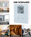 Portable Home Radon Detector With Long And Short Term Monitoring, Battery Powered next to images of use in various rooms