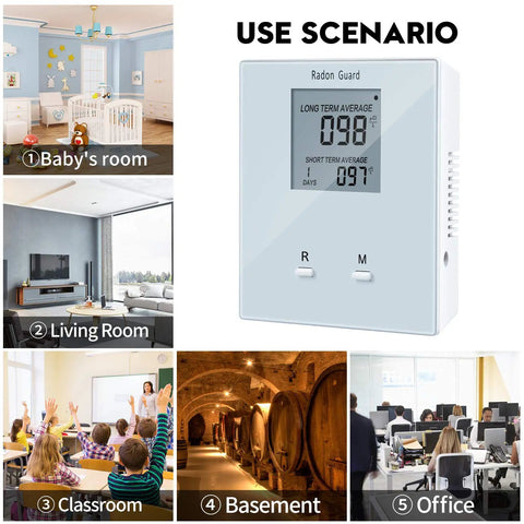 Portable Home Radon Detector With Long And Short Term Monitoring, Battery Powered next to images of use in various rooms