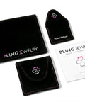 Bling Jewelry packaging with black pouches and brand card, showcasing Geometric Triangle V Shape Flat Huggie Earrings storage options.