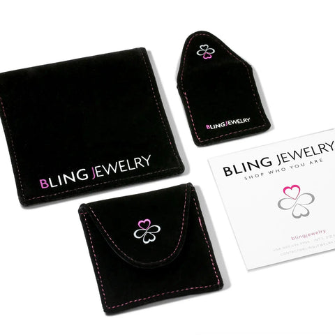 Bling Jewelry packaging with black pouches and brand card, showcasing Geometric Triangle V Shape Flat Huggie Earrings storage options.