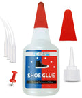 Hardcore Shoe Glue For Sneakers, Boots, Sandals And More - Heavy Duty Repairs That Bond Rubber, Leather And Canvas, Quick Set Time, Waterproof, Long Lasting, With CA Accelerator Compatibility bottle with red cap and accessories.