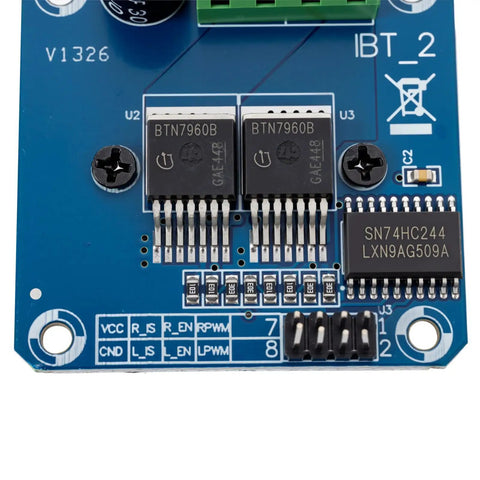 Two Pack BTS7960 43A High Power Motor Driver Module For DIYers, Hobbyists, Robots And RC Projects With 5V Logic Isolation, PWM Control, Heat Sink Ready, LED Indicator, Ground Pin, Solder Friendly Board; blue PCB close-up
